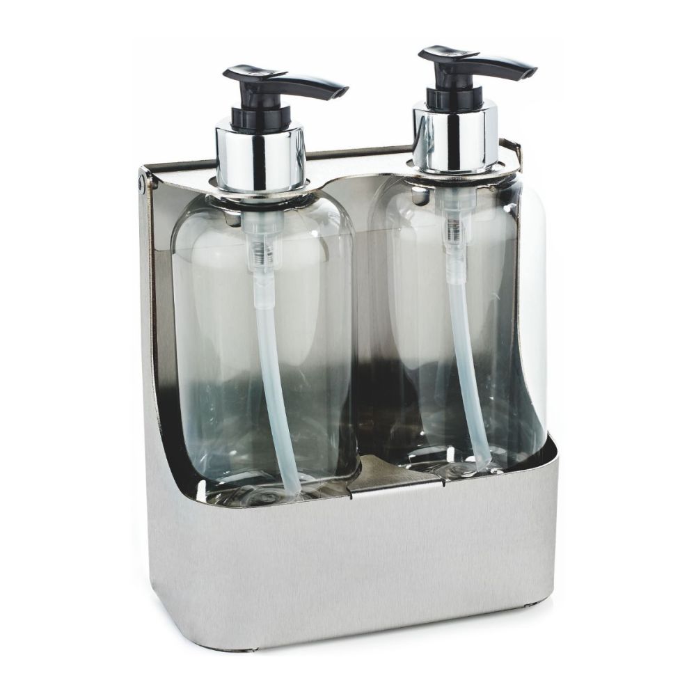 Brushed Stainless Steel Double Soap Bottle Holder 250 300ml WR PL04MBS Washroom Hub
